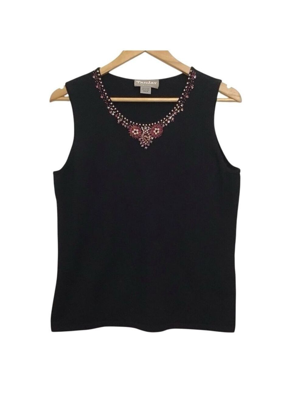 2/40$TANJAY black sleeveles top chic beaded details neckline bling medium petite